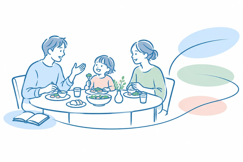 家族が同じ食卓を囲み、その体験から次の未来へ続く場面